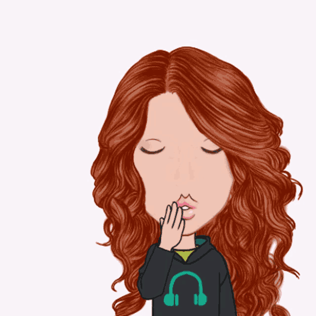 a cartoon drawing of a woman with red hair and headphones