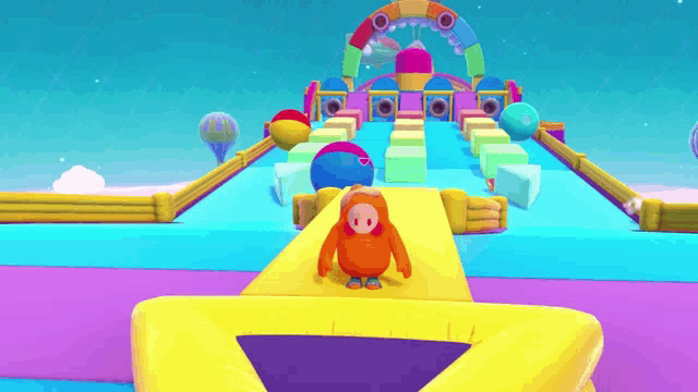 a cartoon character is standing on a trampoline in front of a water slide