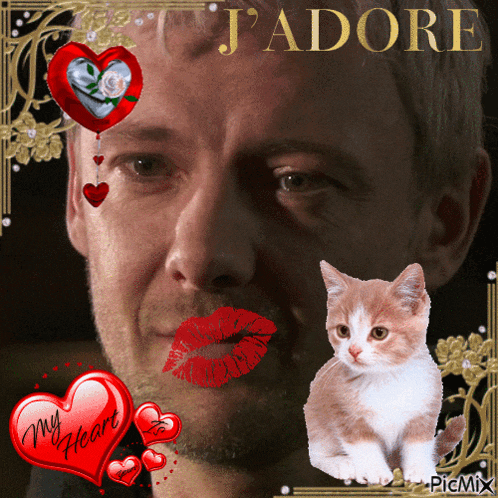 a picture of a man with a cat and a heart that says j'adore