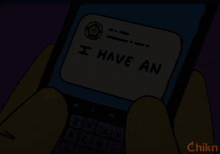 a cartoon character holding a cell phone that says i have an op on it