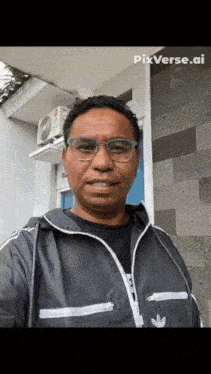 a man wearing glasses and an adidas jacket takes a selfie in front of an lg air conditioner