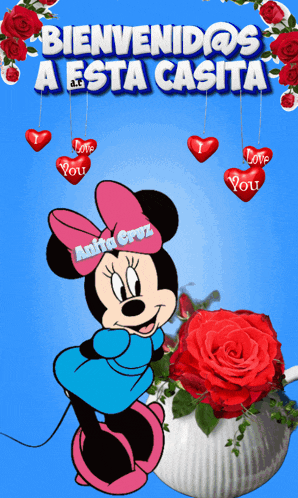 a cartoon of minnie mouse with the words bienvenidos a esta casita on the top
