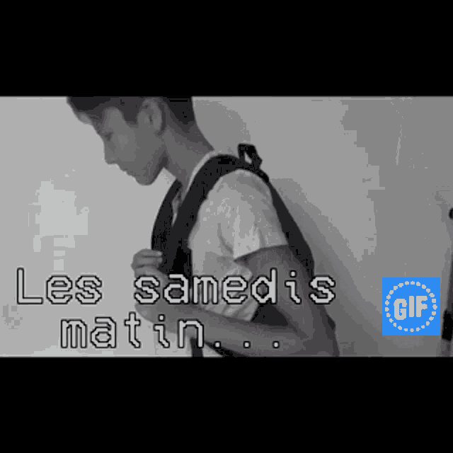 a black and white photo of a man with a backpack and the words les samedis matin on the bottom
