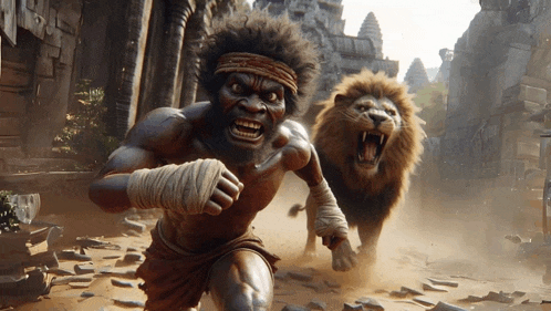 a man is running away from a lion in a video game scene