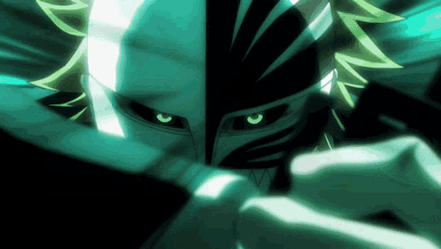 a close up of a person 's face with glowing eyes
