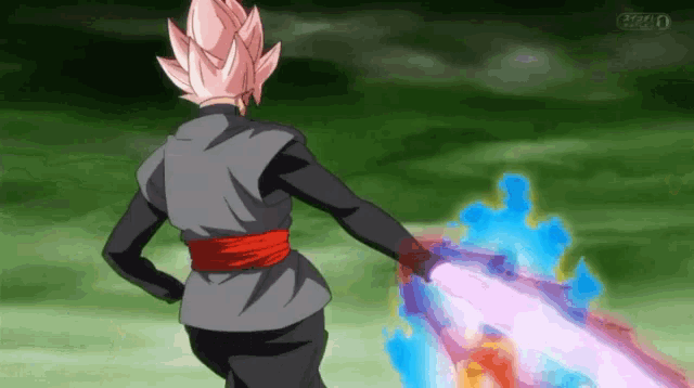 a man with a pink hair and a black shirt is holding a purple sword