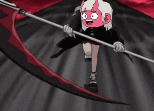a cartoon character is holding a scythe with a red tail .
