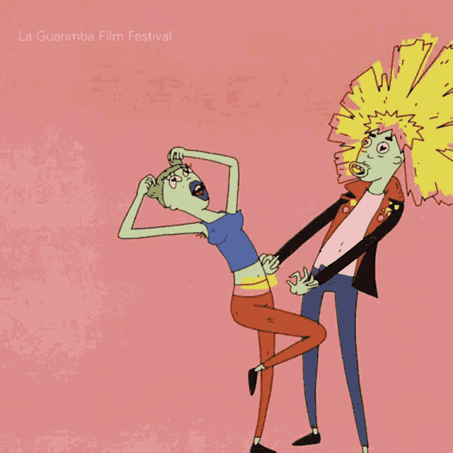 a cartoon of a man holding a woman in his arms with the words la clermont film festival on the bottom right