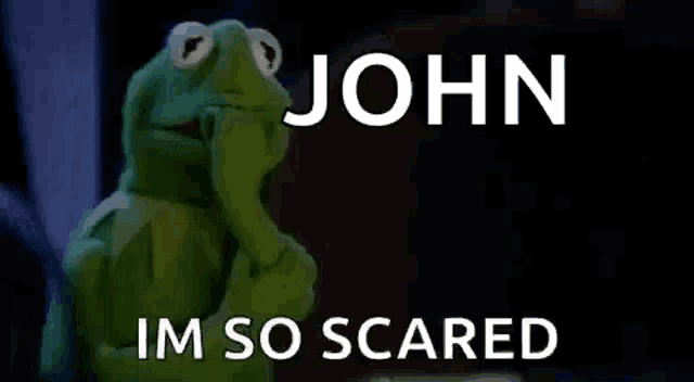 kermit the frog is holding his hand to his face with the words `` john im so scared '' written above him .