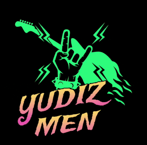 yudiz men logo with a hand holding a guitar and lightning bolts