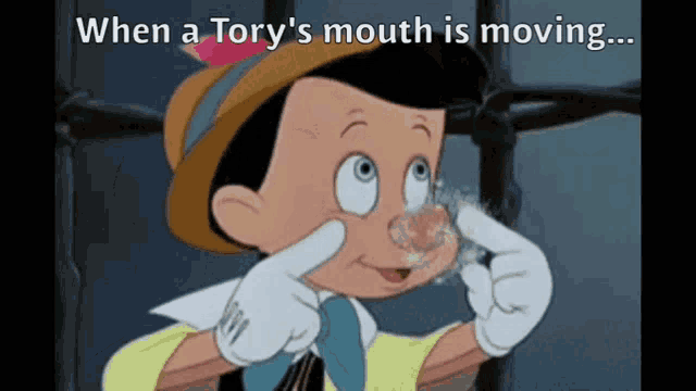 a cartoon of pinocchio with a caption that says when a tory 's mouth is moving