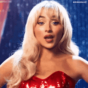 a woman with blonde hair is wearing a red sequined dress with brinasdaily written on the bottom