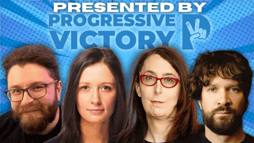 a group of people standing in front of a blue background that says progressive victory