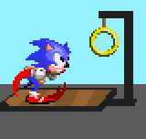 a pixel art of sonic the hedgehog running towards a gold ring