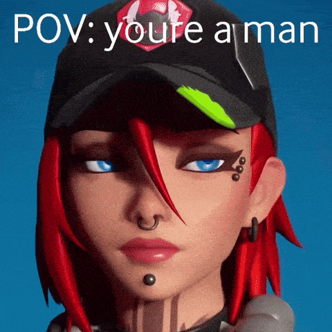 a woman with red hair and blue eyes is wearing a hat that says " pov : you 're a man " on it
