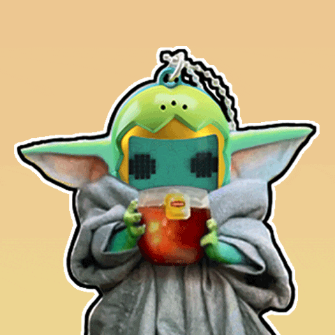a cartoon character with a helmet on holding a cup of lipton tea