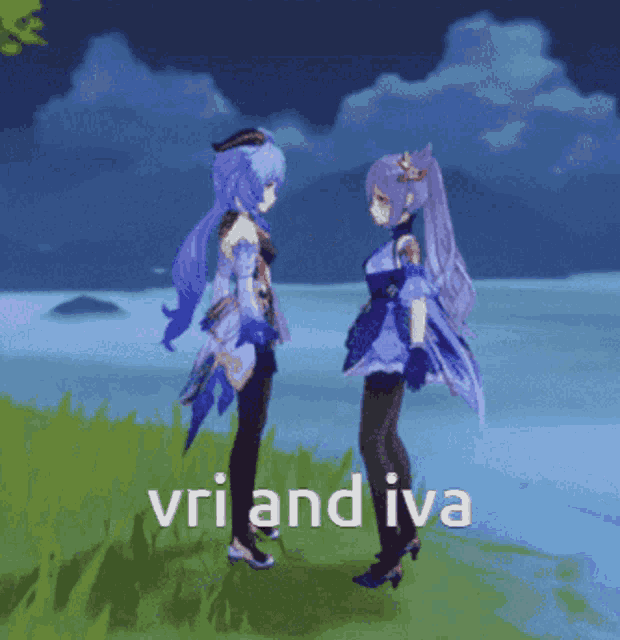 two anime girls standing next to each other with the words " vri and iva " on the bottom right