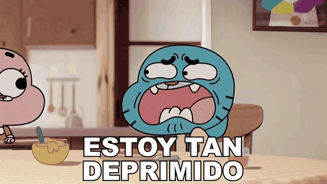 a cartoon character says " estoy tan deprimido " while sitting at a table