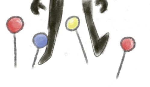 a drawing of a person standing next to a bunch of colorful pins
