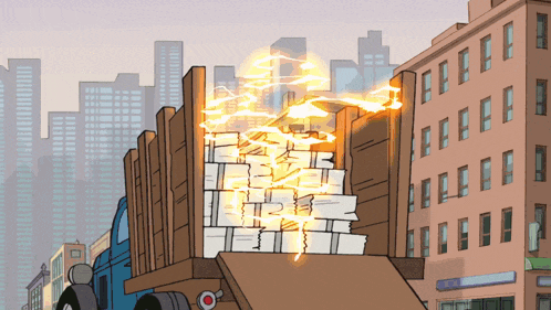 a cartoon drawing of a truck carrying a pile of papers
