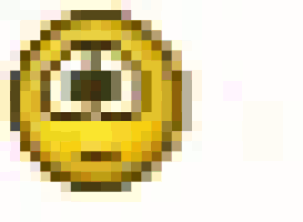 a pixel art of a yellow smiley face with a beard and a pink bottle behind it .