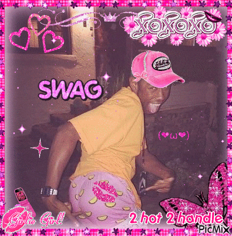 a picture of a man wearing a pink hat with the words swag on it