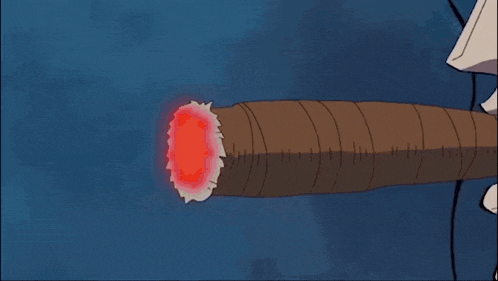 a man is smoking a cigar with a red flame