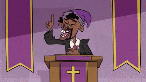 a cartoon of a man at a podium with a cross