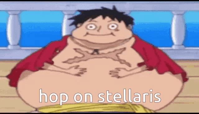 a cartoon character with a big belly and the words hop on stellaris written on it