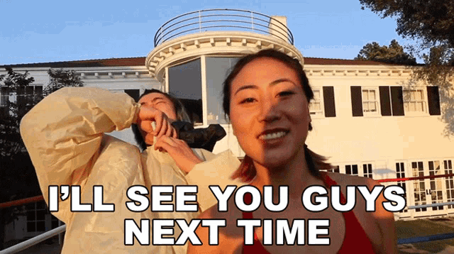 a woman says i 'll see you guys next time in front of a house