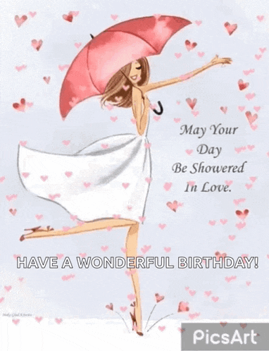 a birthday card with a woman holding an umbrella and hearts .