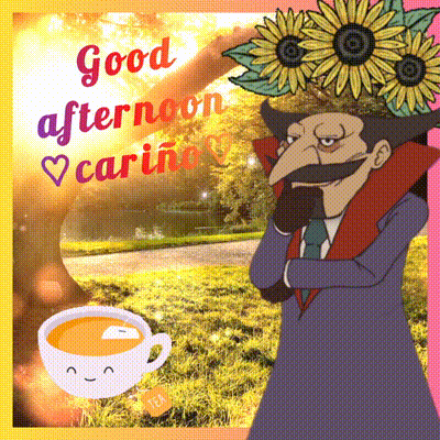 a cartoon character with sunflowers on his head says good afternoon