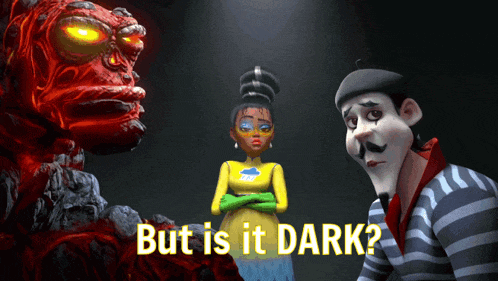 a man and a woman are standing next to each other with the caption but is it dark