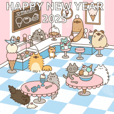 a happy new year greeting card with cats and animals in a diner