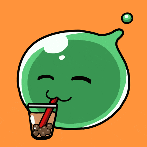a cartoon drawing of a green bubble drinking from a cup with a straw