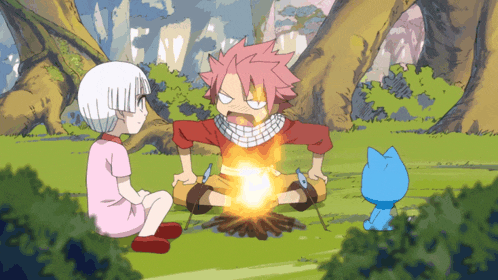 a cartoon of a boy with red hair sitting around a campfire
