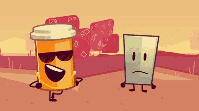 a cartoon drawing of a coffee cup and a cube