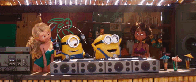 a girl in a bikini stands next to a group of minions playing music