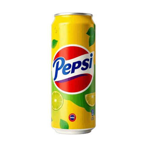 a yellow can of pepsi with lemons and limes