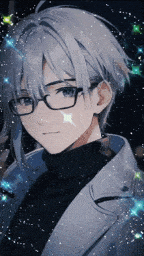 a boy with white hair and glasses is surrounded by sparkles