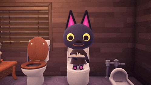 a black cat with pink ears is sitting on a toilet reading a book