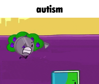 a cartoon character with autism is standing in front of a book .