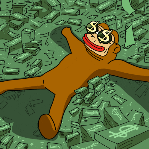 a monkey is laying on a pile of money