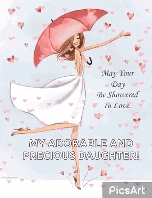 a woman in a white dress is holding a pink umbrella and hearts are falling around her .