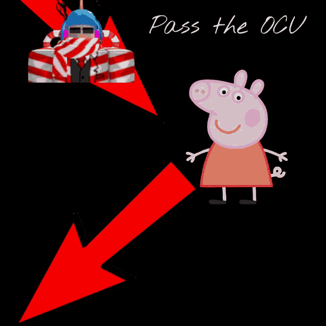 a picture of peppa pig and a man with an arrow pointing down