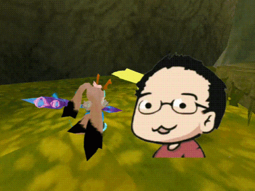 a cartoon of a man with glasses standing next to a cartoon character