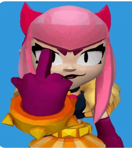 a cartoon character with pink hair and devil horns giving the middle finger