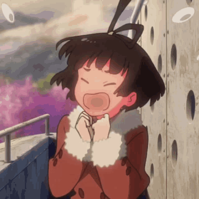 a girl in a brown coat is making a funny face with her mouth open