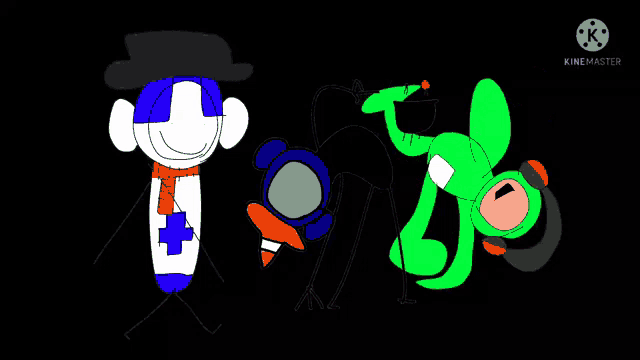 a group of cartoon characters are standing next to each other .