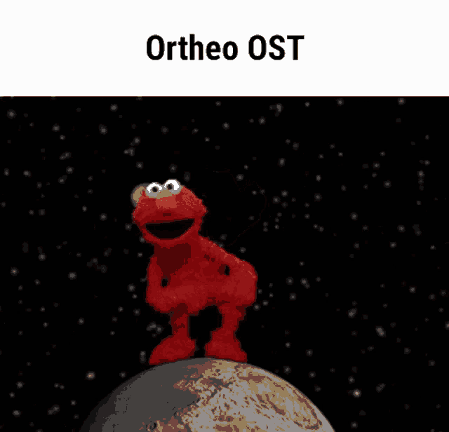 elmo from sesame street is standing on top of a moon in space .